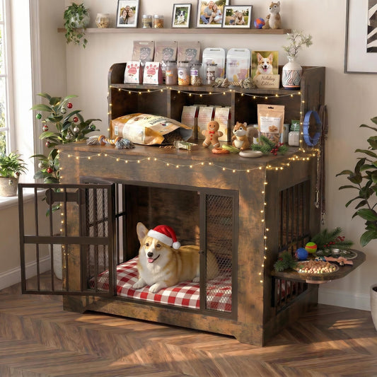 Petrova 33" Wooden Dog Crate Furniture | Storage & LED Light