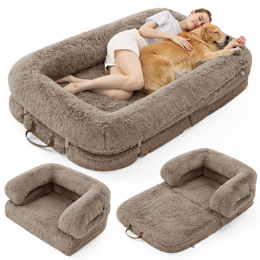LE SURE Foldable Human Dog Bed 3-in-1 | Egg Foam | Faux Fur | Taupe